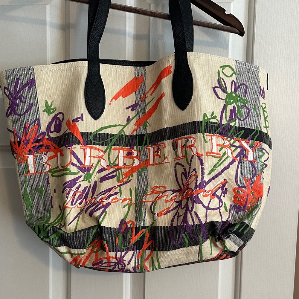 Burberry Floral Canvas Tote with Black Handles and reversible